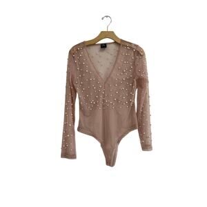 Sheer Pearl Embellished Mesh Bodysuit Long Sleeve V Neck Top Sz L